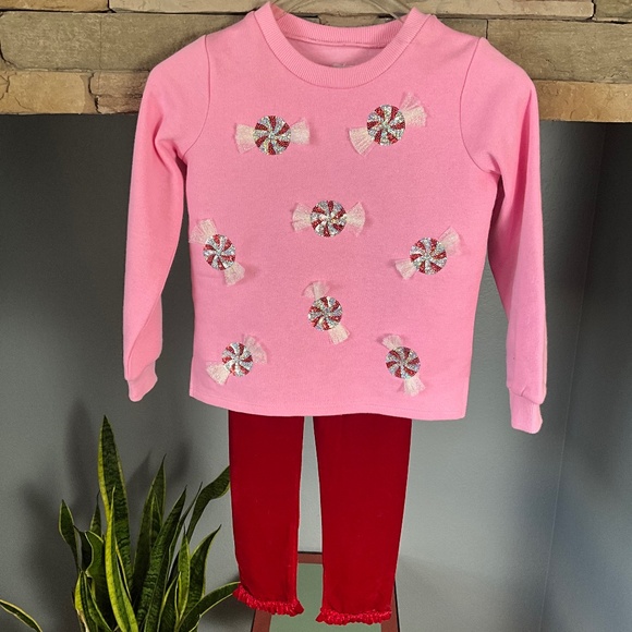 Mud Pie Peppermint Candy Velour Legging 2Pc Set Christmas Party Pink Red 4T-5T - Picture 3 of 9